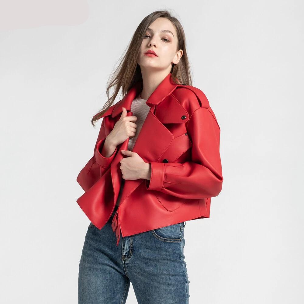 New Genuine Women Leather Jacket in Red worn by model from Almas Collections