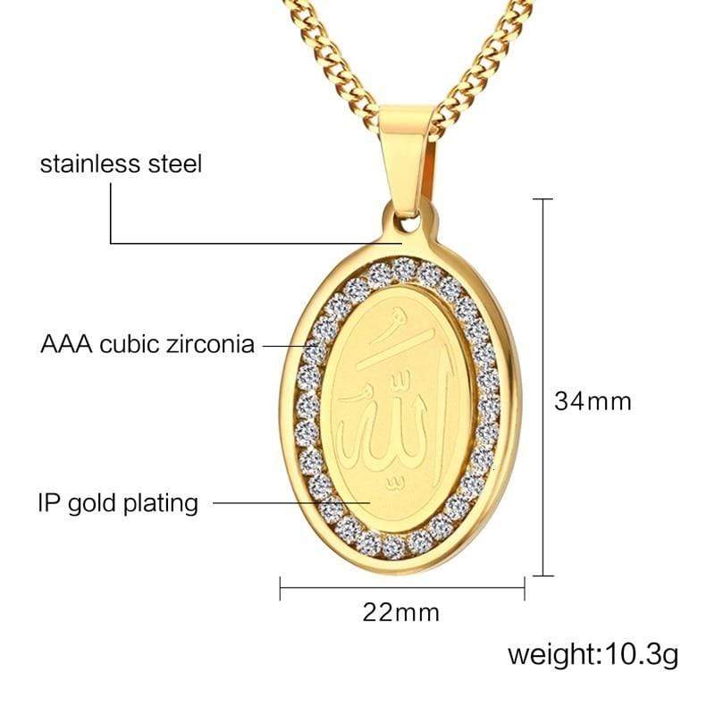 4 QUL and Allah Rhinestone Stainless Steel Gold Tone Oval Necklace Pendant size from Almas Collections