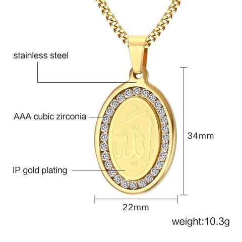 Image of 4 QUL and Allah Rhinestone Stainless Steel Gold Tone Oval Necklace Pendant size from Almas Collections
