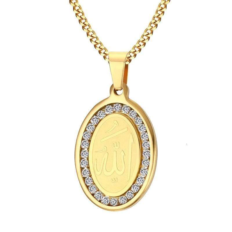 4 QUL and Allah Rhinestone Stainless Steel Gold Tone Oval Necklace Pendant from Almas Collections