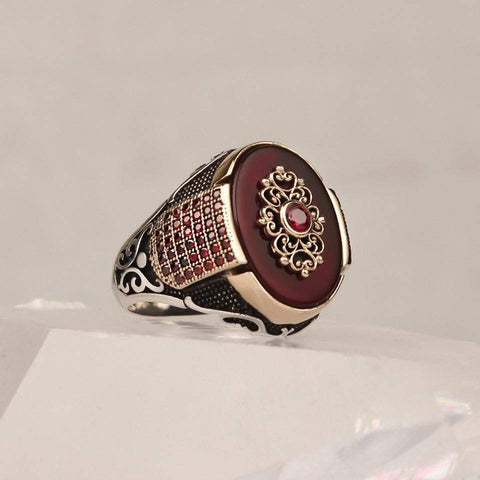Image of Turkish 925 Silver Red Agate Aqeeq Zircon Stone Ring from Almas Collections