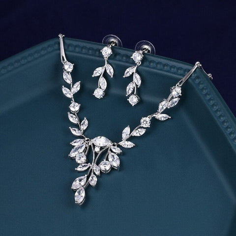 Image of Elegant Marquise Leaf CZ Vine Necklace and Earring Bridal Jewelry Set from Almas Collections