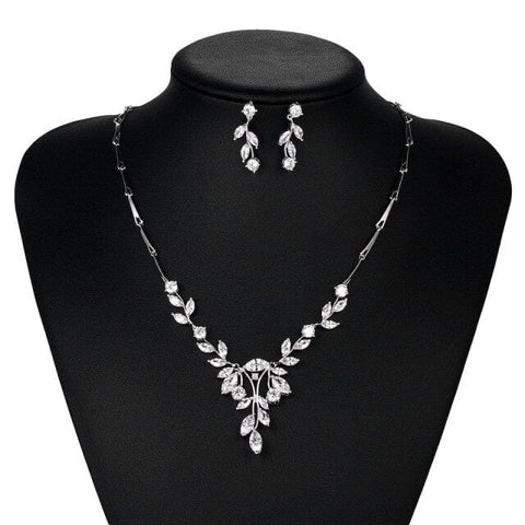 Elegant Marquise Leaf CZ Vine Necklace and Earring Bridal Jewelry Set in Rhodium Silver from Almas Collections