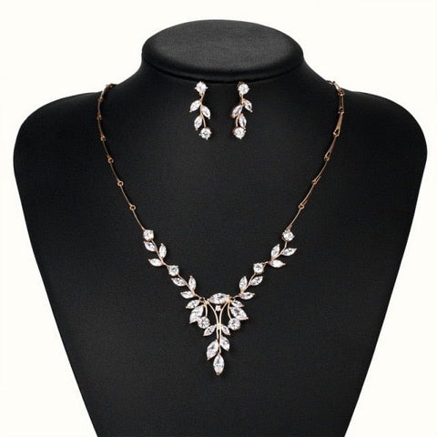 Image of Elegant Marquise Leaf CZ Vine Necklace and Earring Bridal Jewelry Set in 14K Gold plated from Almas Collections