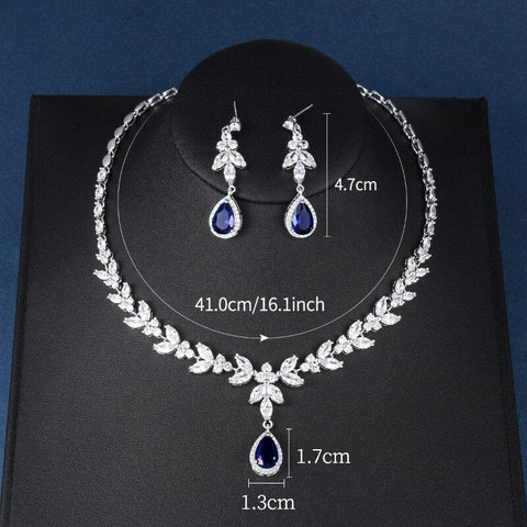Image of Blue Teardrop and Marquise Cut CZ Crystal Necklace & Earrings Bridal Wedding Jewelry Set in Silver with blue crystal color size from Almas Collections