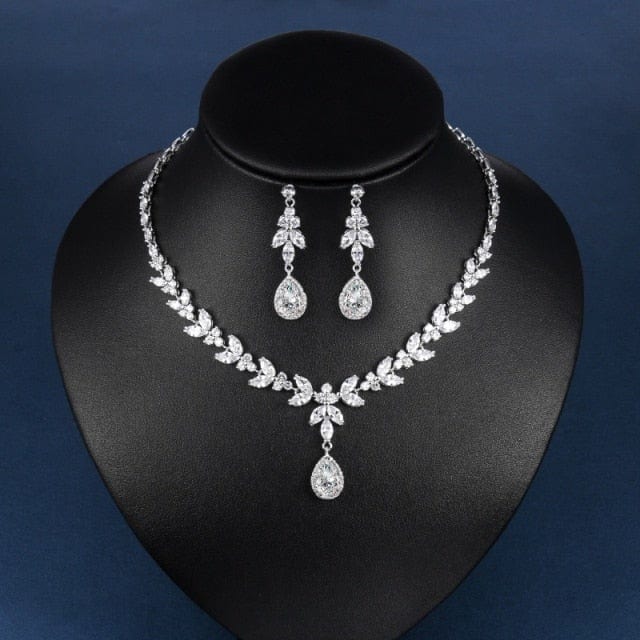 Clear Teardrop and Marquise Cut CZ Crystal Necklace & Earrings Bridal Wedding Jewelry Set in Silver with Clear crystal color from Almas Collections