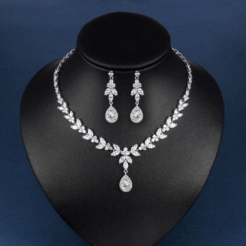 Image of Clear Teardrop and Marquise Cut CZ Crystal Necklace & Earrings Bridal Wedding Jewelry Set in Silver with Clear crystal color from Almas Collections