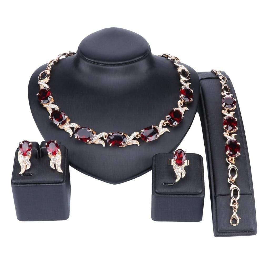 Wedding Red Crystal Gold jewelry Set