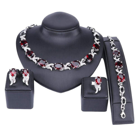 Image of Wedding Red Crystal Silver jewelry Set