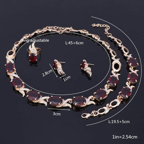 Image of Wedding Red Crystal Gold jewelry Set sizes