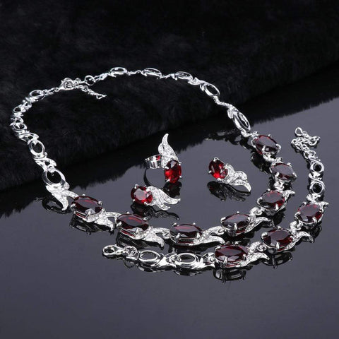 Image of Wedding Red Crystal Silver jewelry Set