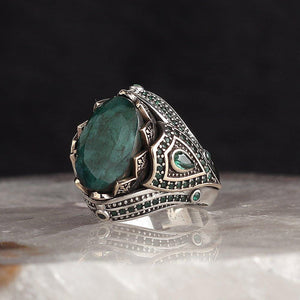 Emerald ring men, Emerald ring silver, Emerald ring green vintage ring, Emerald Stone in 925 Sterling Silver Ring for Men from Almas Collections