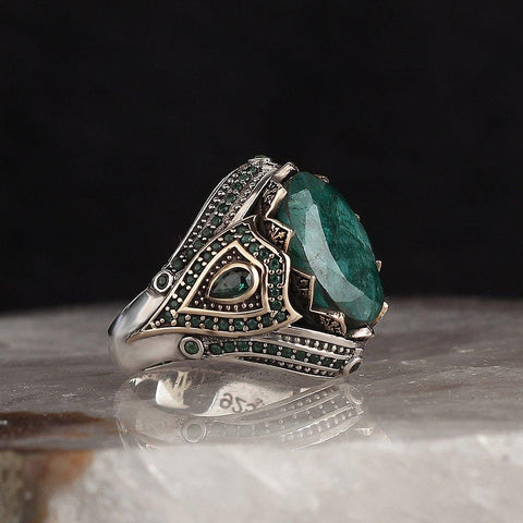 Image of Emerald ring men, Emerald ring silver, Emerald ring green vintage ring, Emerald Stone in 925 Sterling Silver Ring for Men from Almas Collections
