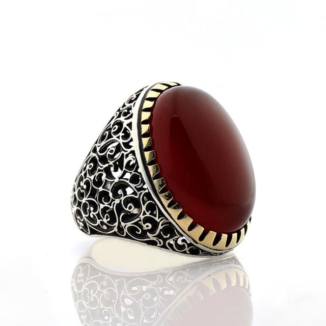 Turkish 925 Silver Ring with Red Aqeeq (Agate) Stone from Almas Collections