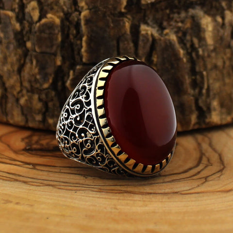 Image of Turkish 925 Silver Ring with Red Aqeeq (Agate) Stone size chart