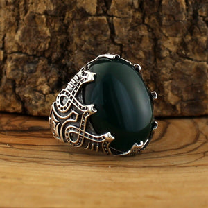 Turkish 925 Silver Ring Green Aqeeq (Agate) Stones from Almas Collections