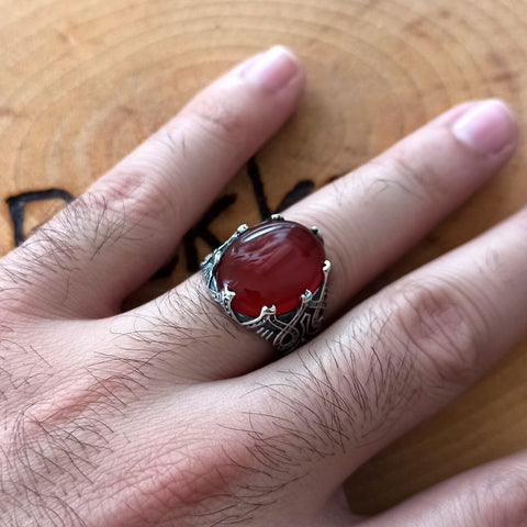 Image of Turkish 925 Silver Ring Maroon Aqeeq (Agate) Stone  Almas Collections