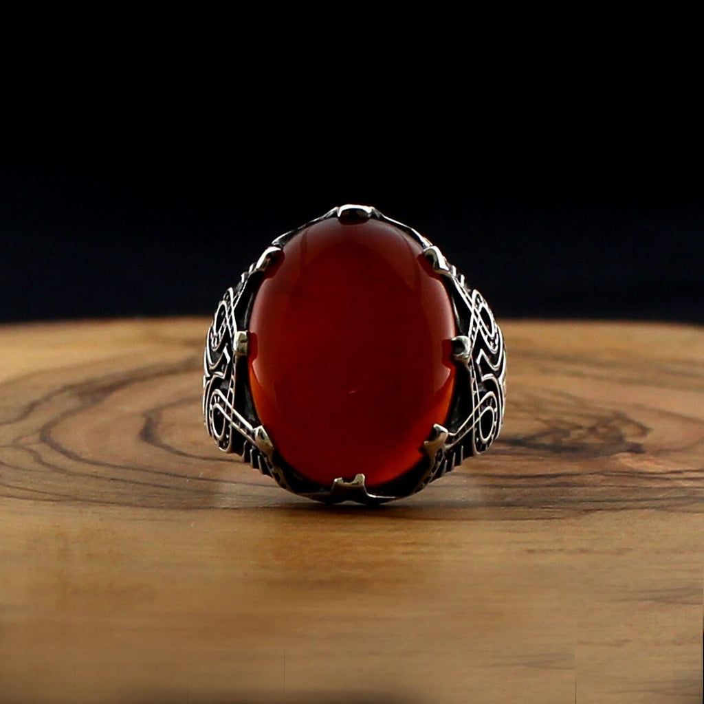 Turkish 925 Silver Ring Maroon Aqeeq (Agate) Stones from Almas Collections
