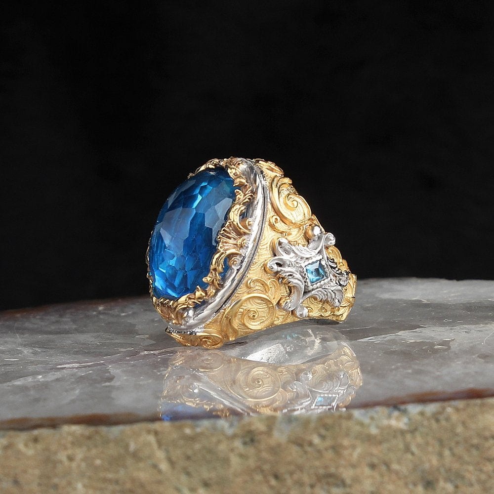 Gold Plated Sterling Silver Blue Topaz Gemstone Him and Her Rings from Almas Collections