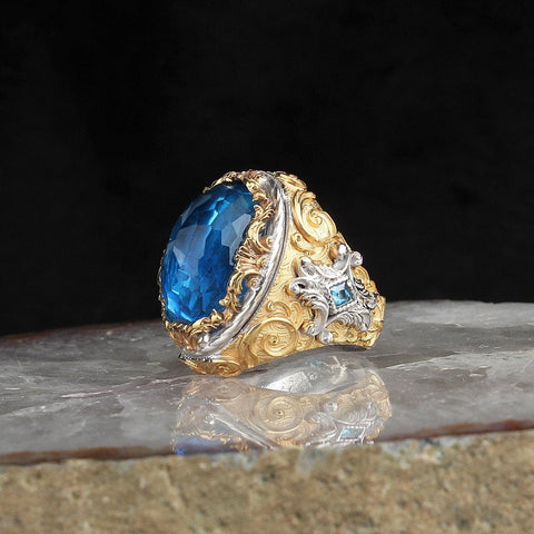 Image of Gold Plated Sterling Silver Blue Topaz Gemstone Him and Her Rings from Almas Collections