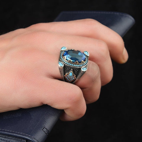 Image of Sterling Silver Blue Topaz Gemstone Him and Her Rings from Almas Collections'