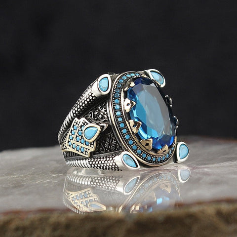 Image of Sterling Silver Blue Topaz Gemstone Him and Her Rings from Almas Collections