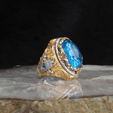 Image of Gold Plated Sterling Silver Blue Topaz Gemstone Him and Her Rings from Almas Collections