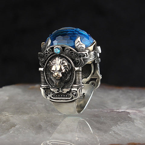 Image of 925 Sterling Silver Handcrafted with Lion Symbol Zircon Stone Ring from Almas Collections