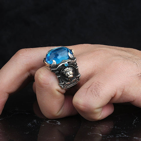 Image of 925 Sterling Silver Handcrafted with Lion Symbol Zircon Stone Ring from Almas Collections