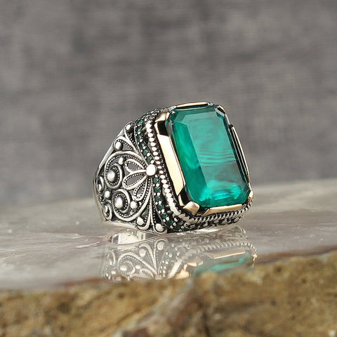 Image of Blue Paraiba Colour Zircon Stone Sterling Silver Ring for Men in sizes 6-14 from Almas Collections
