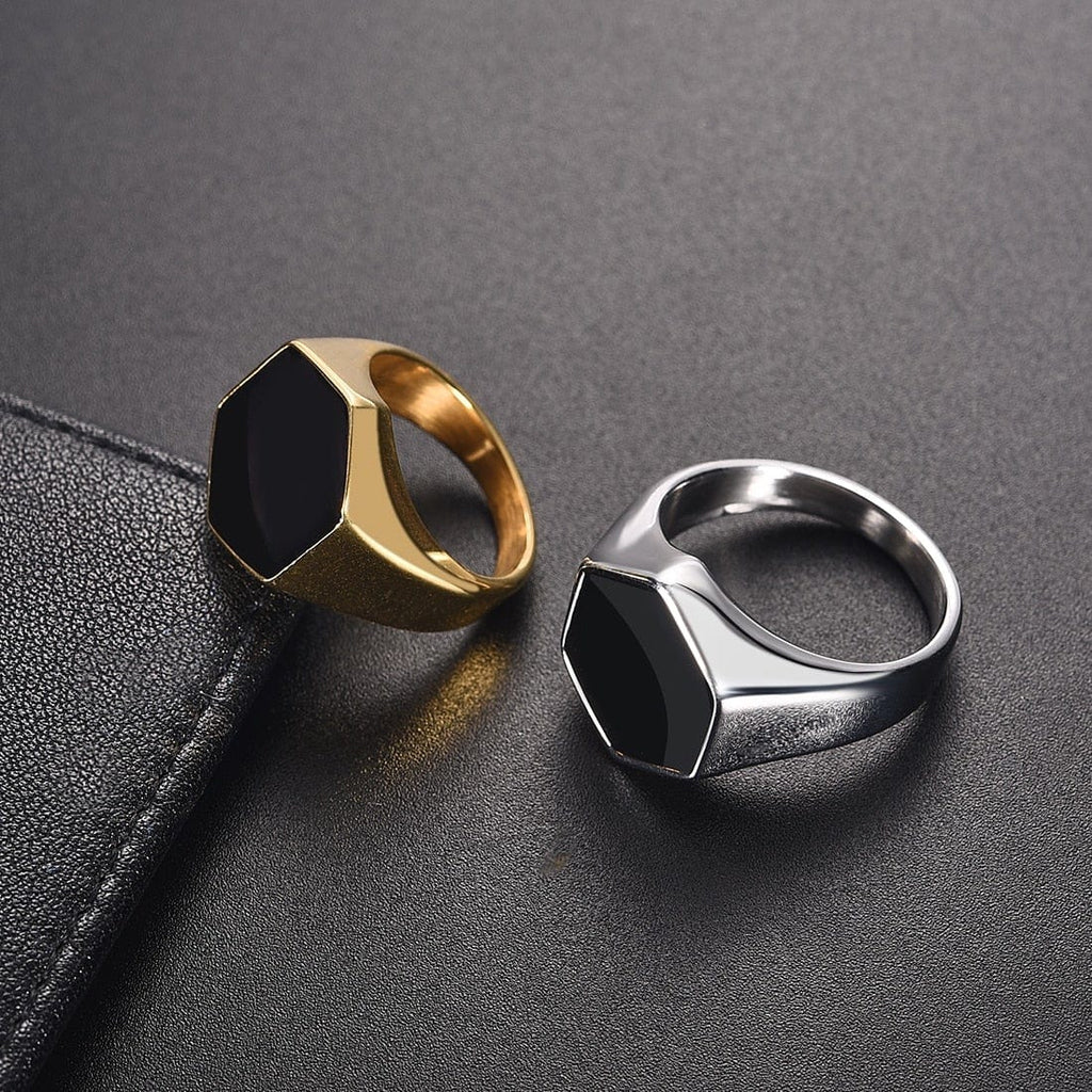 Stainless Steel Signet Ring for Him in Hexagon Silver and Gold color from Almas Collections