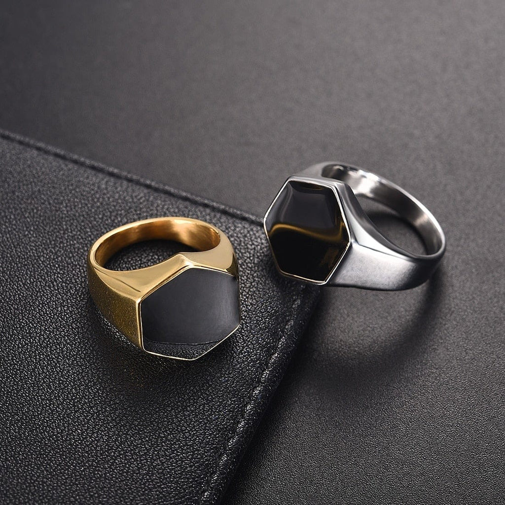 Stainless Steel Signet Ring for Him in Hexagon Silver and Gold color from Almas Collections