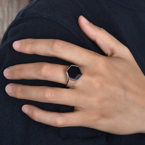 Image of Stainless Steel Signet Ring for Him in Hexagon Silver color from Almas Collections