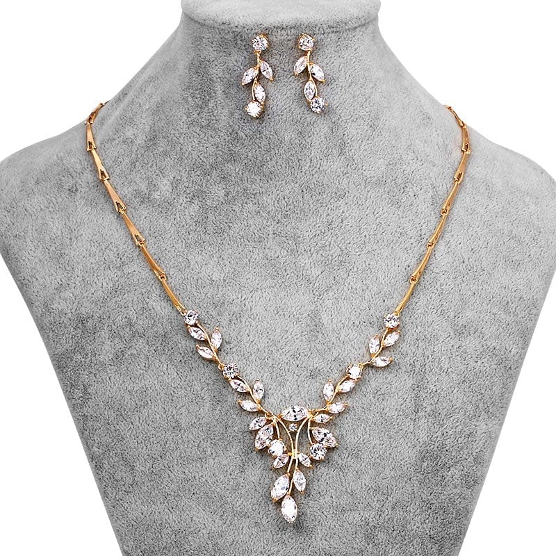 Elegant Marquise Leaf CZ Vine Necklace and Earring Bridal Jewelry Set in 14K Gold from Almas Collections