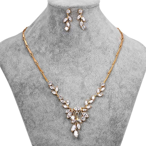 Image of Elegant Marquise Leaf CZ Vine Necklace and Earring Bridal Jewelry Set in 14K Gold from Almas Collections
