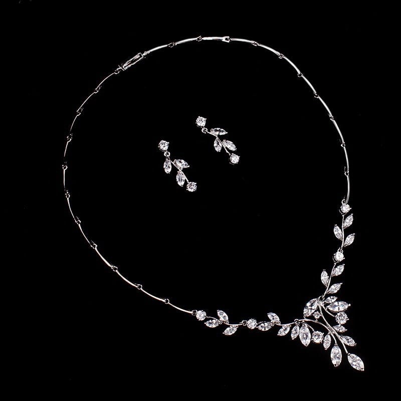 Elegant Marquise Leaf CZ Vine Necklace and Earring Bridal Jewelry Set in Rhodium silver from Almas Collections
