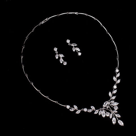 Image of Elegant Marquise Leaf CZ Vine Necklace and Earring Bridal Jewelry Set in Rhodium silver from Almas Collections