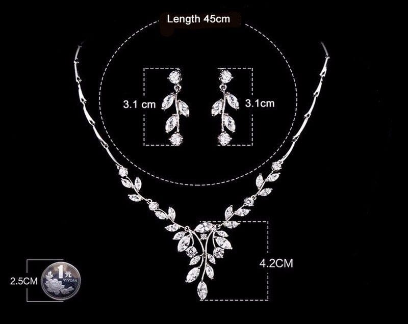 Elegant Marquise Leaf CZ Vine Necklace and Earring Bridal Jewelry Set size from Almas Collections