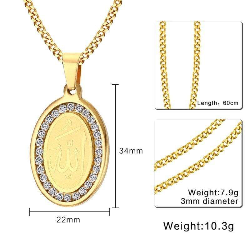 4 QUL and Allah Rhinestone Stainless Steel Gold Tone Oval Necklace Pendant chain info from Almas Collections
