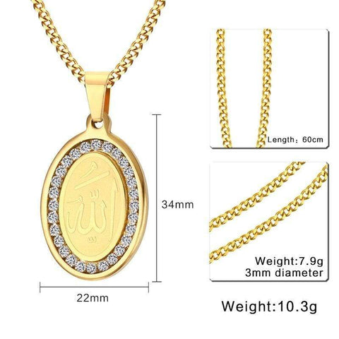Image of 4 QUL and Allah Rhinestone Stainless Steel Gold Tone Oval Necklace Pendant chain info from Almas Collections