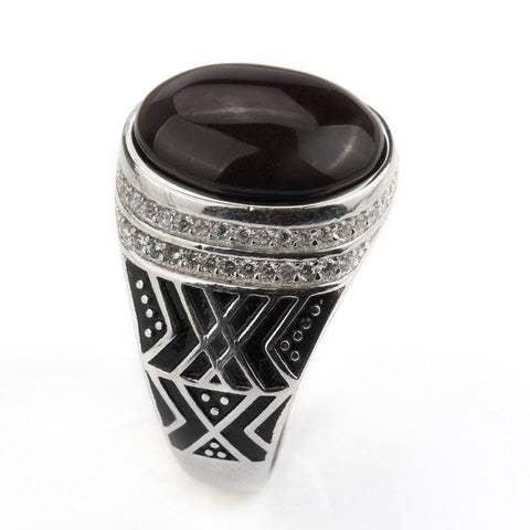 Image of New 925 Sterling Silver with Dark Brown Agate Stone with Clear CZ Men Ring NS3 IS2 IS1 VAL1 Almas Collections 