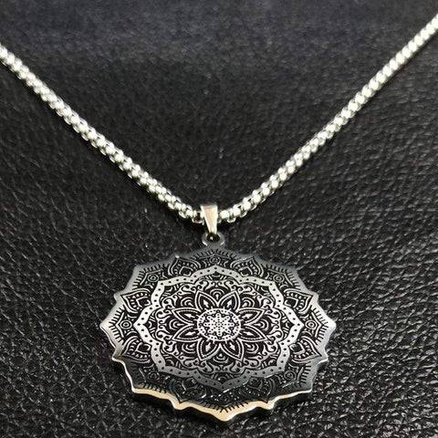 Image of New Lotus Wicca Stainless Steel Necklace for Men Silver Color NS2 IS1 IS2 Almas Collections  New Lotus Wicca Stainless Steel Necklace for Men Silver Colo