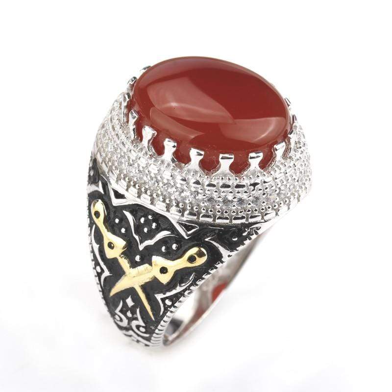 New Real 925 Sterling Silver Red Stone with Double Sword Men Ring IS1 NS3 Almas Collections  Real 925 Sterling Silver Red Stone with Double Sword Men Ring