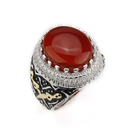 Image of New Real 925 Sterling Silver Red Stone with Double Sword Men Ring IS1 NS3 Almas Collections  Real 925 Sterling Silver Red Stone with Double Sword Men Ring